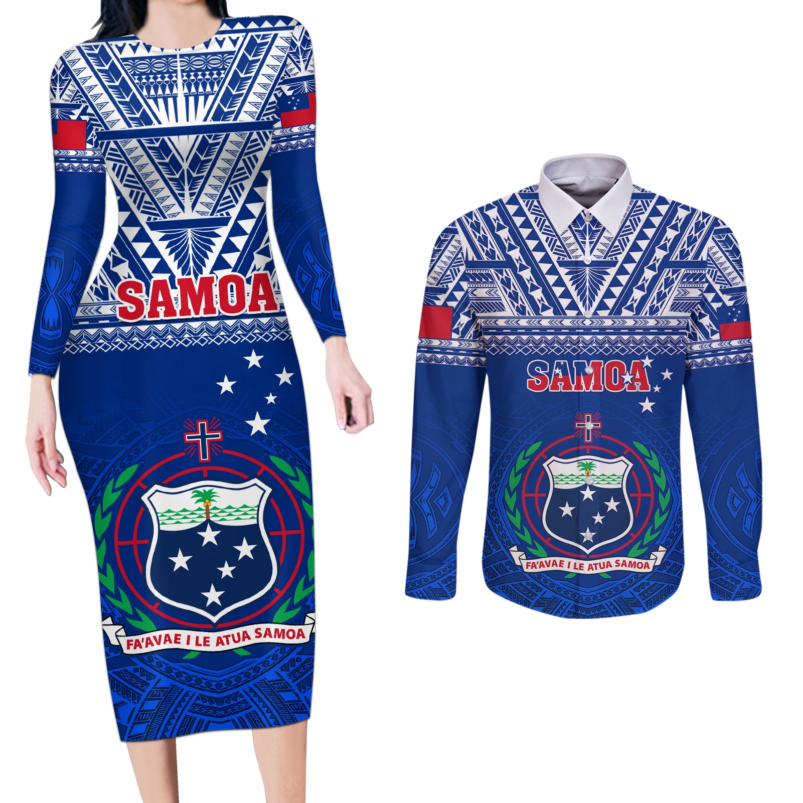 Custom Samoa Rugby Couples Matching Long Sleeve Bodycon Dress and Long Sleeve Button Shirts Manu Samoa Polynesian Tatoo Pattern - Wonder Print Shop