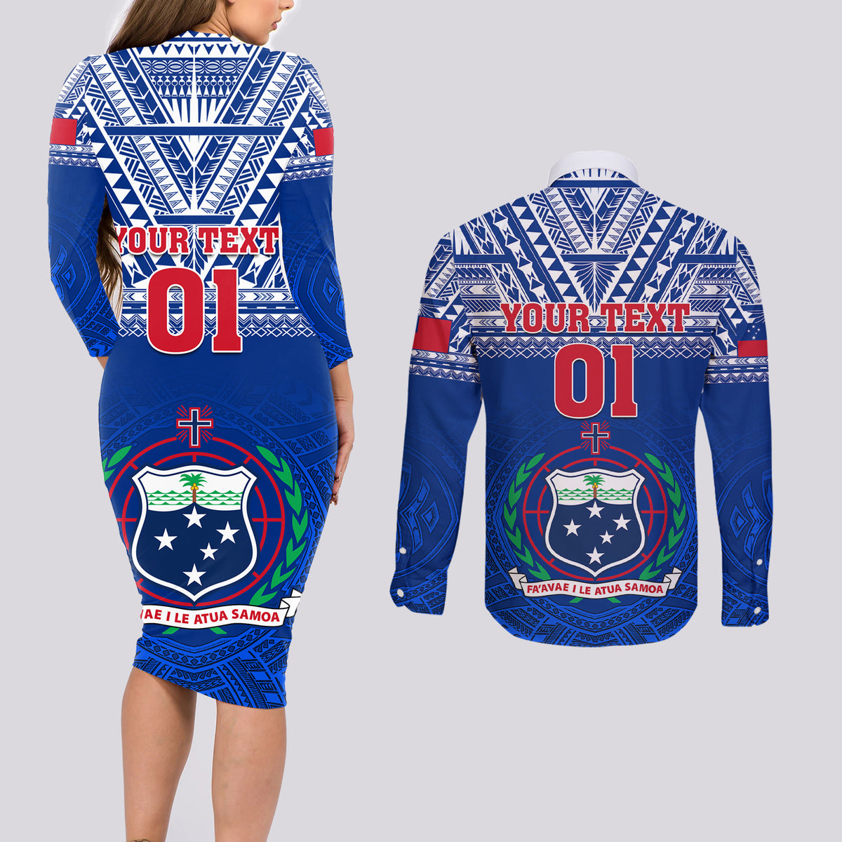 Custom Samoa Rugby Couples Matching Long Sleeve Bodycon Dress and Long Sleeve Button Shirts Manu Samoa Polynesian Tatoo Pattern - Wonder Print Shop