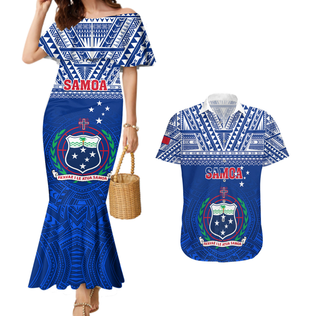 Custom Samoa Rugby Couples Matching Mermaid Dress and Hawaiian Shirt Manu Samoa Polynesian Tatoo Pattern - Wonder Print Shop