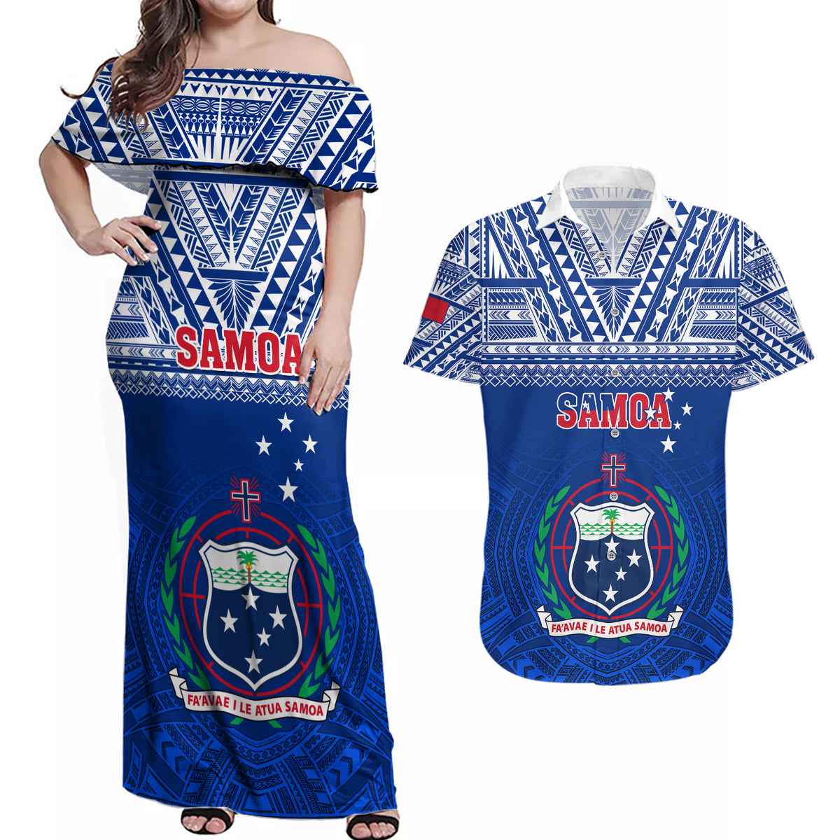 Custom Samoa Rugby Couples Matching Off Shoulder Maxi Dress and Hawaiian Shirt Manu Samoa Polynesian Tatoo Pattern - Wonder Print Shop