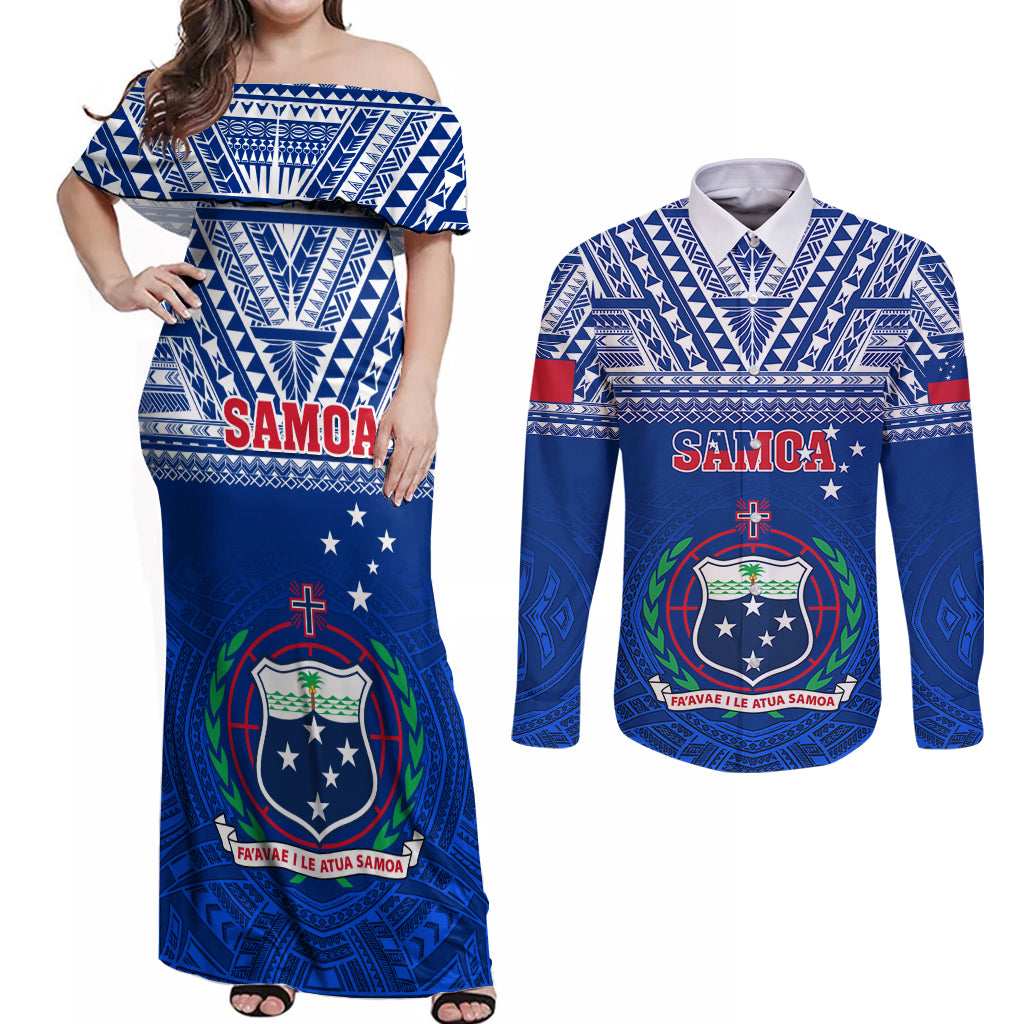 Custom Samoa Rugby Couples Matching Off Shoulder Maxi Dress and Long Sleeve Button Shirts Manu Samoa Polynesian Tatoo Pattern - Wonder Print Shop