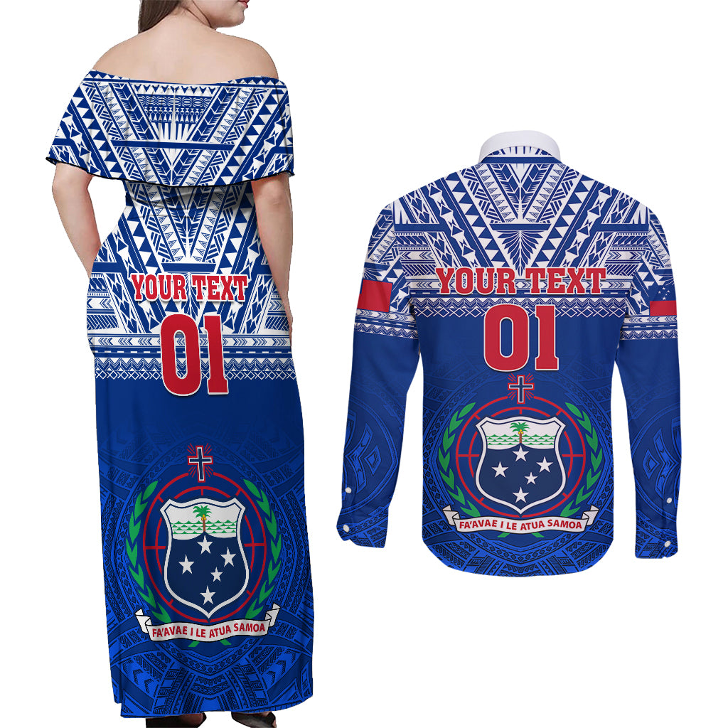 Custom Samoa Rugby Couples Matching Off Shoulder Maxi Dress and Long Sleeve Button Shirts Manu Samoa Polynesian Tatoo Pattern - Wonder Print Shop