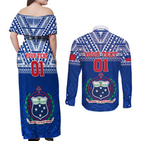 Custom Samoa Rugby Couples Matching Off Shoulder Maxi Dress and Long Sleeve Button Shirts Manu Samoa Polynesian Tatoo Pattern - Wonder Print Shop
