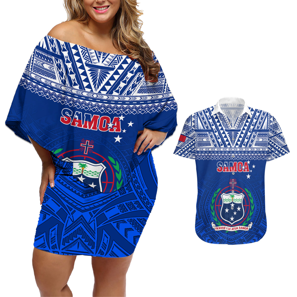 Custom Samoa Rugby Couples Matching Off Shoulder Short Dress and Hawaiian Shirt Manu Samoa Polynesian Tatoo Pattern - Wonder Print Shop