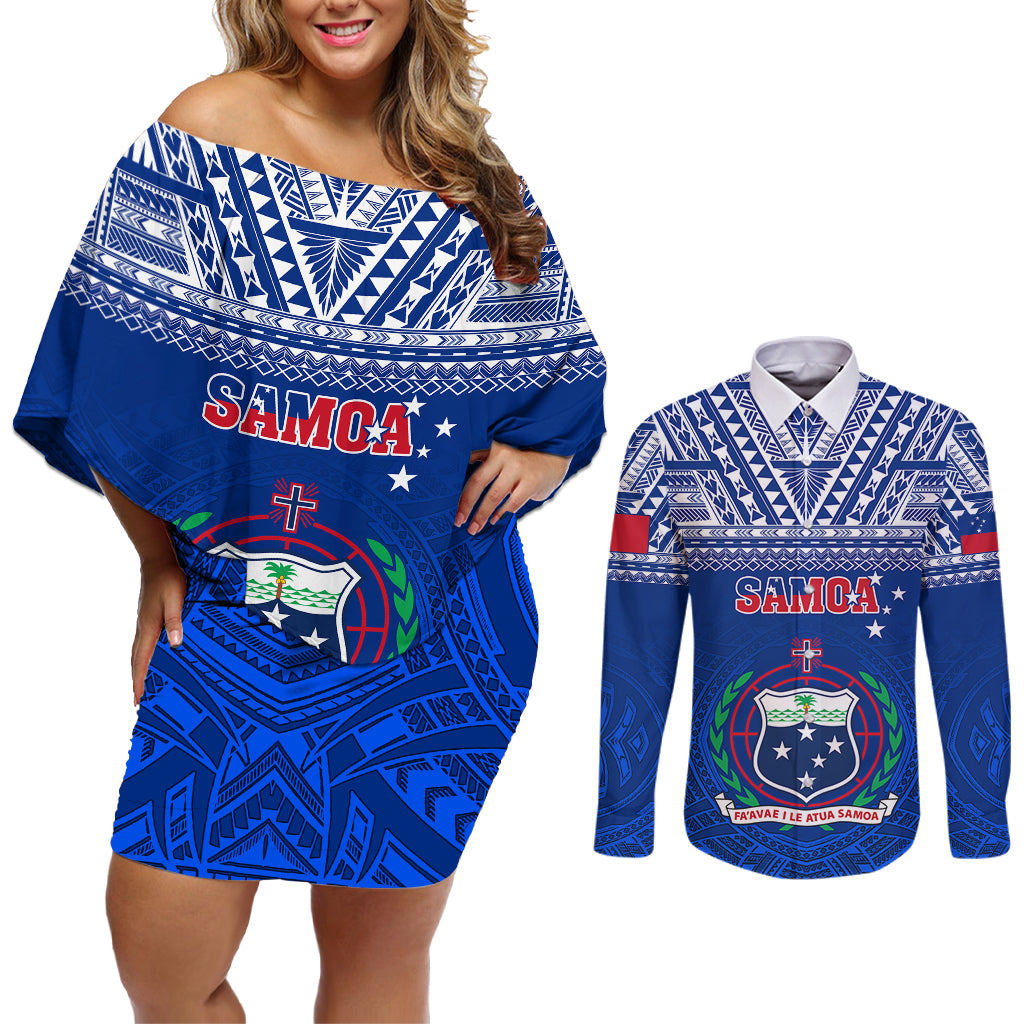 Custom Samoa Rugby Couples Matching Off Shoulder Short Dress and Long Sleeve Button Shirts Manu Samoa Polynesian Tatoo Pattern - Wonder Print Shop
