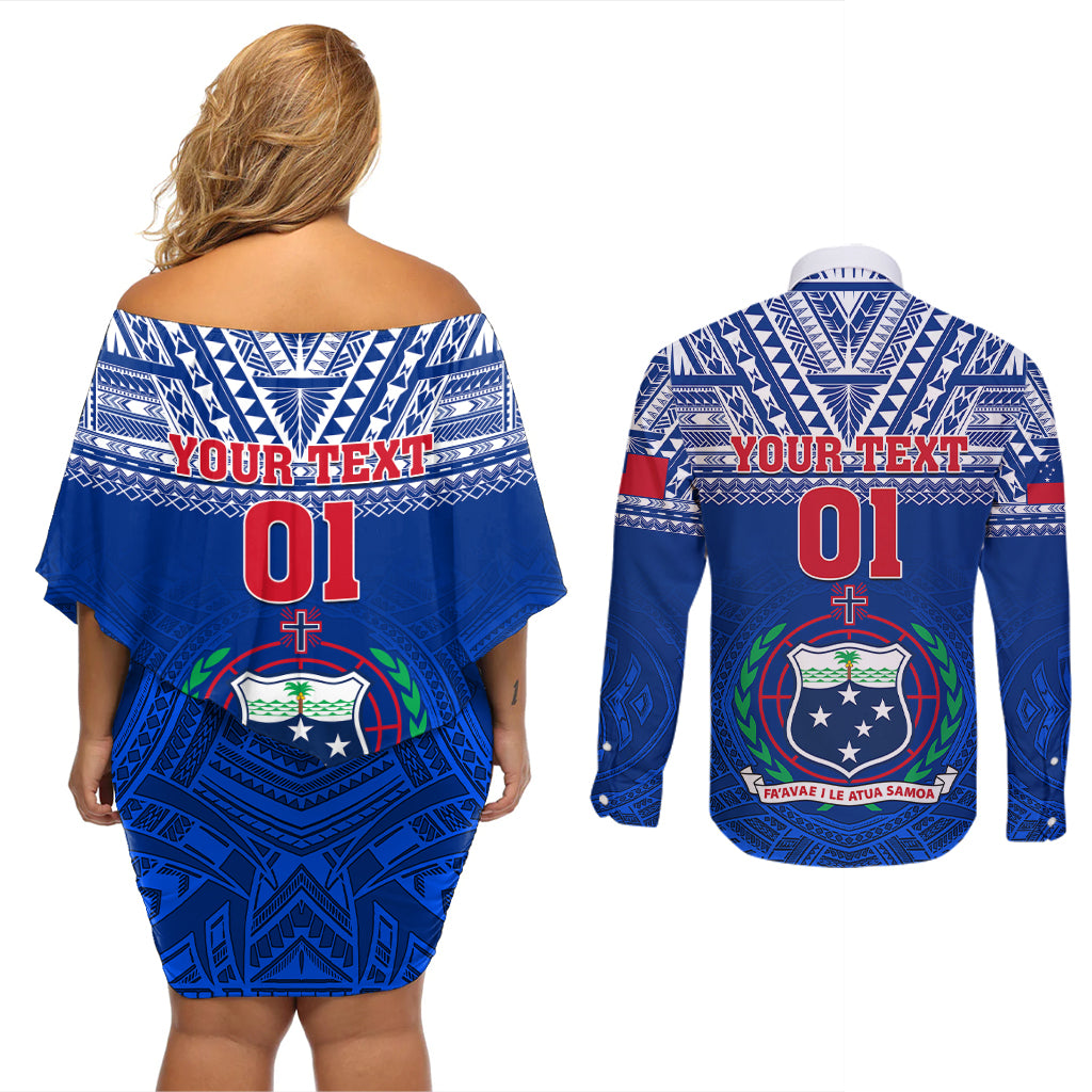 Custom Samoa Rugby Couples Matching Off Shoulder Short Dress and Long Sleeve Button Shirts Manu Samoa Polynesian Tatoo Pattern - Wonder Print Shop
