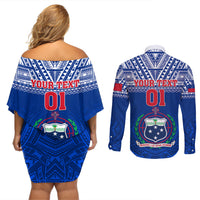 Custom Samoa Rugby Couples Matching Off Shoulder Short Dress and Long Sleeve Button Shirts Manu Samoa Polynesian Tatoo Pattern - Wonder Print Shop