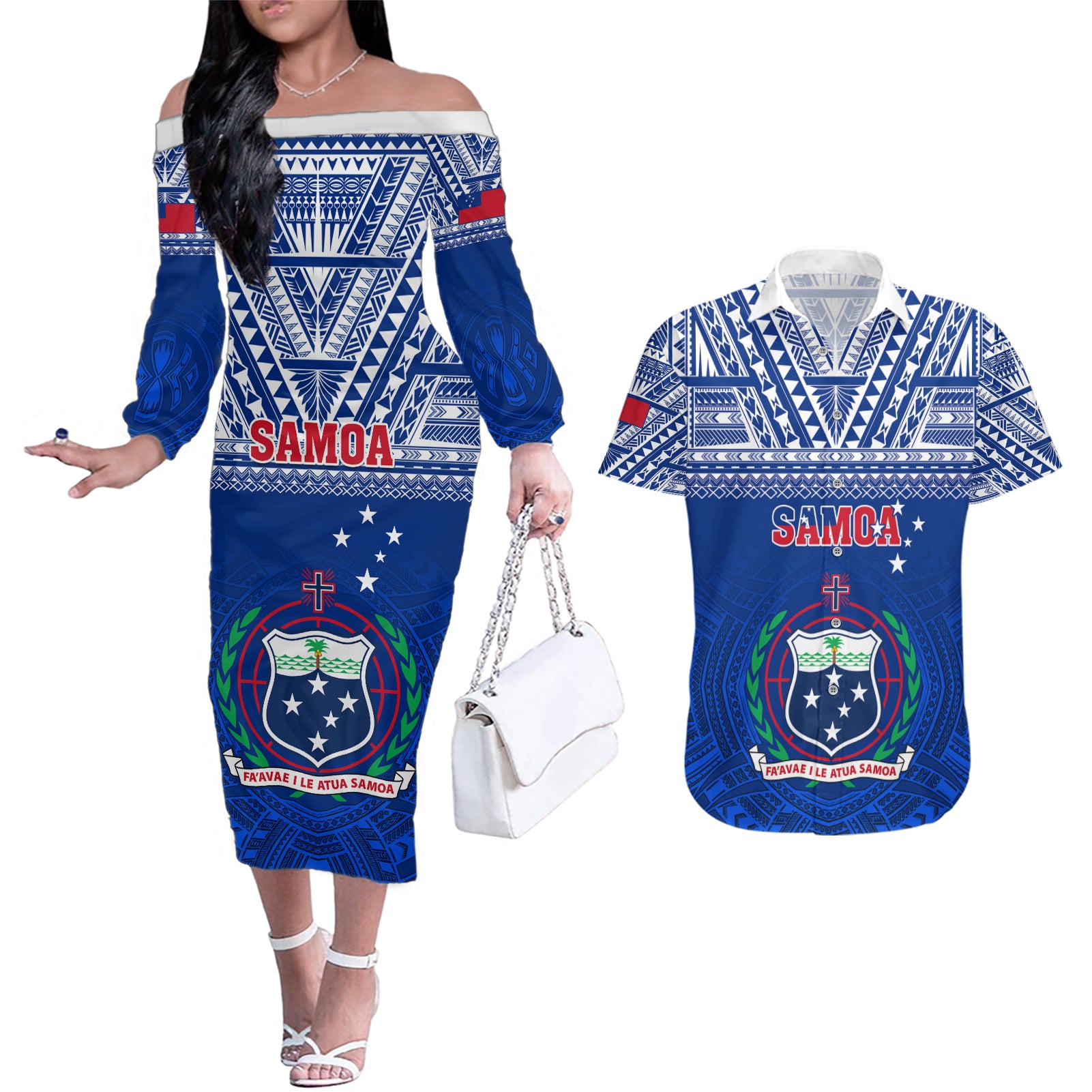 Custom Samoa Rugby Couples Matching Off The Shoulder Long Sleeve Dress and Hawaiian Shirt Manu Samoa Polynesian Tatoo Pattern - Wonder Print Shop