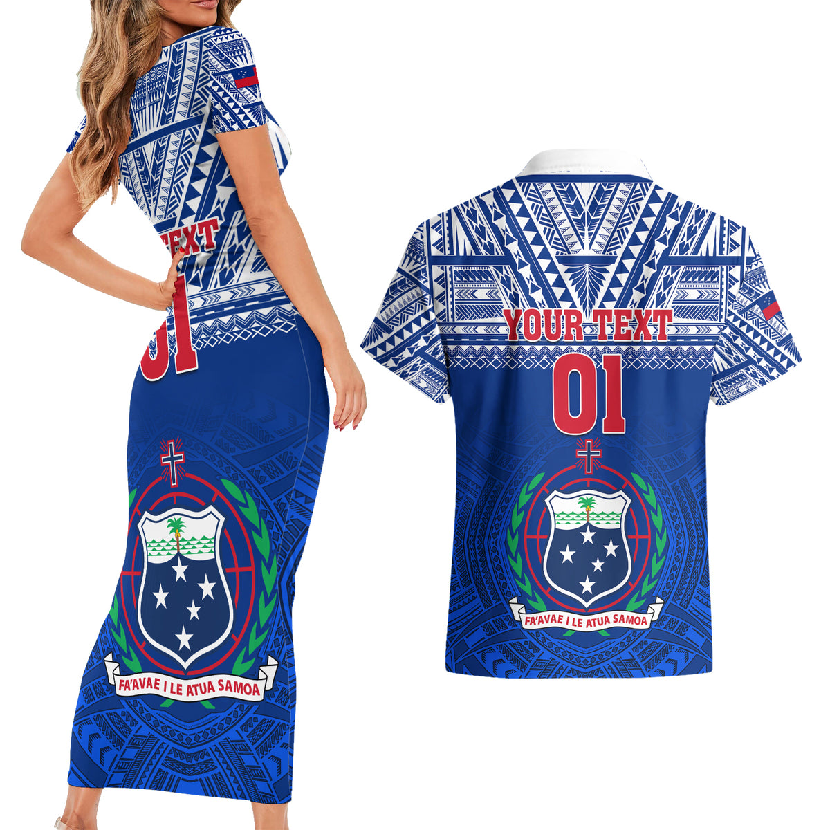 Custom Samoa Rugby Couples Matching Short Sleeve Bodycon Dress and Hawaiian Shirt Manu Samoa Polynesian Tatoo Pattern - Wonder Print Shop