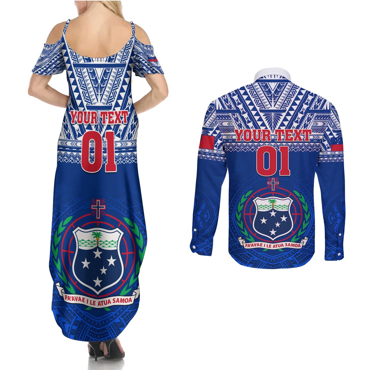 Custom Samoa Rugby Couples Matching Summer Maxi Dress and Long Sleeve Button Shirts Manu Samoa Polynesian Tatoo Pattern - Wonder Print Shop
