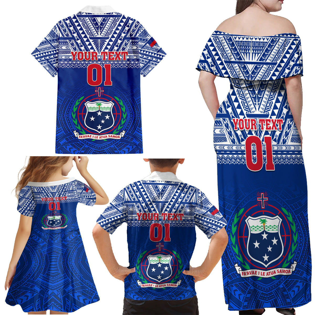 Custom Samoa Rugby Family Matching Off Shoulder Maxi Dress and Hawaiian Shirt Manu Samoa Polynesian Tatoo Pattern - Wonder Print Shop