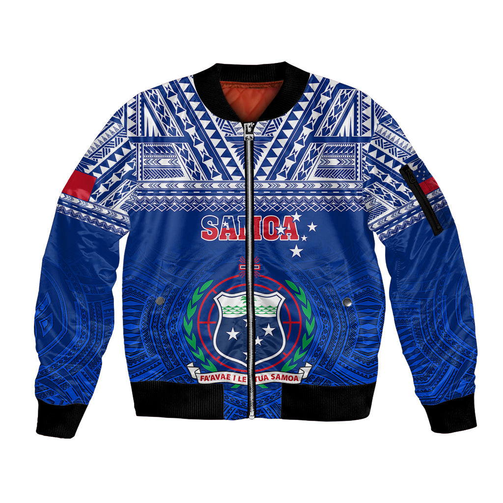Custom Samoa Rugby Sleeve Zip Bomber Jacket Manu Samoa Polynesian Tatoo Pattern - Wonder Print Shop