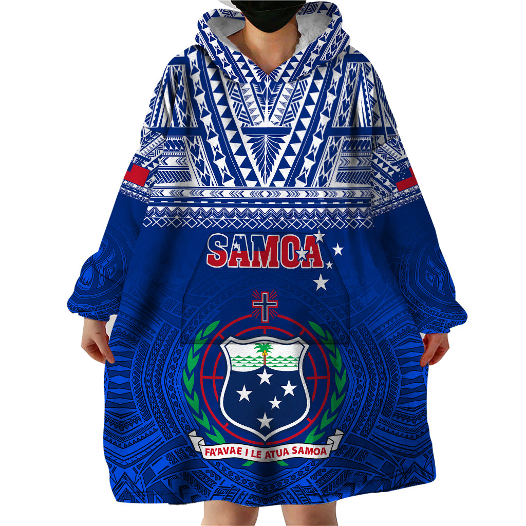 Custom Samoa Rugby Wearable Blanket Hoodie Manu Samoa Polynesian Tatoo Pattern - Wonder Print Shop
