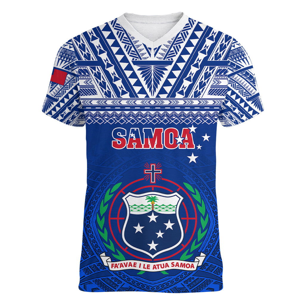 Custom Samoa Rugby Women V Neck T Shirt Manu Samoa Polynesian Tatoo Pattern - Wonder Print Shop