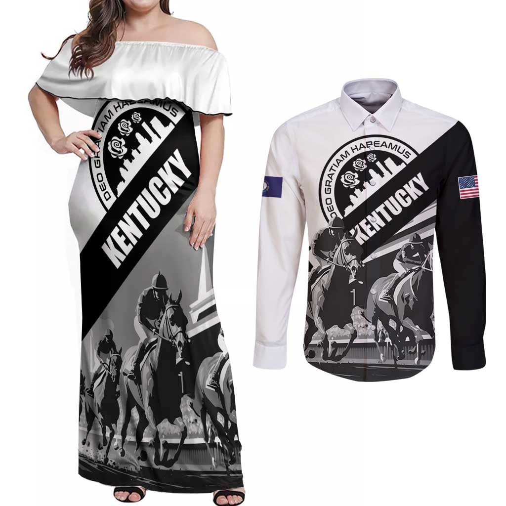 Personalized Kentucky Couples Matching Off Shoulder Maxi Dress and Long Sleeve Button Shirt Deo gratiam habeamus - Wonder Print Shop