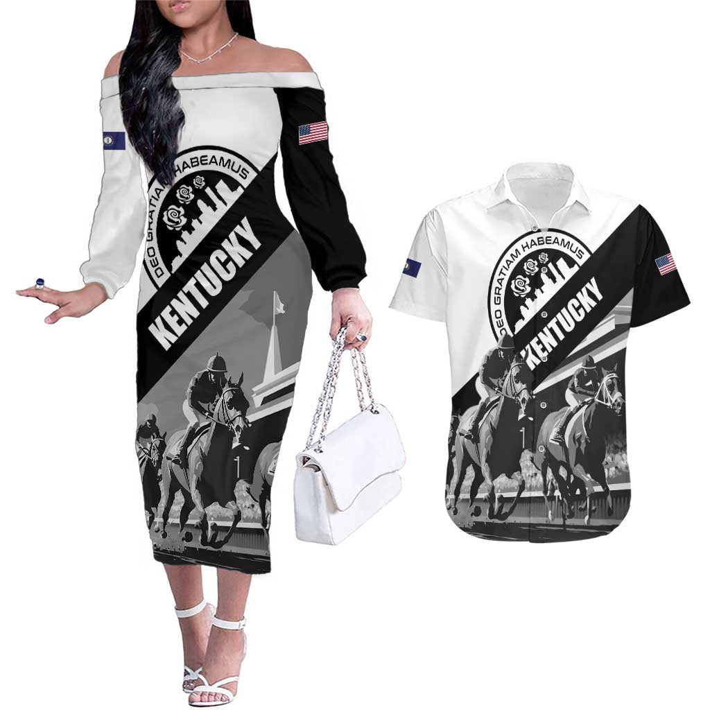 Personalized Kentucky Couples Matching Off The Shoulder Long Sleeve Dress and Hawaiian Shirt Deo gratiam habeamus - Wonder Print Shop