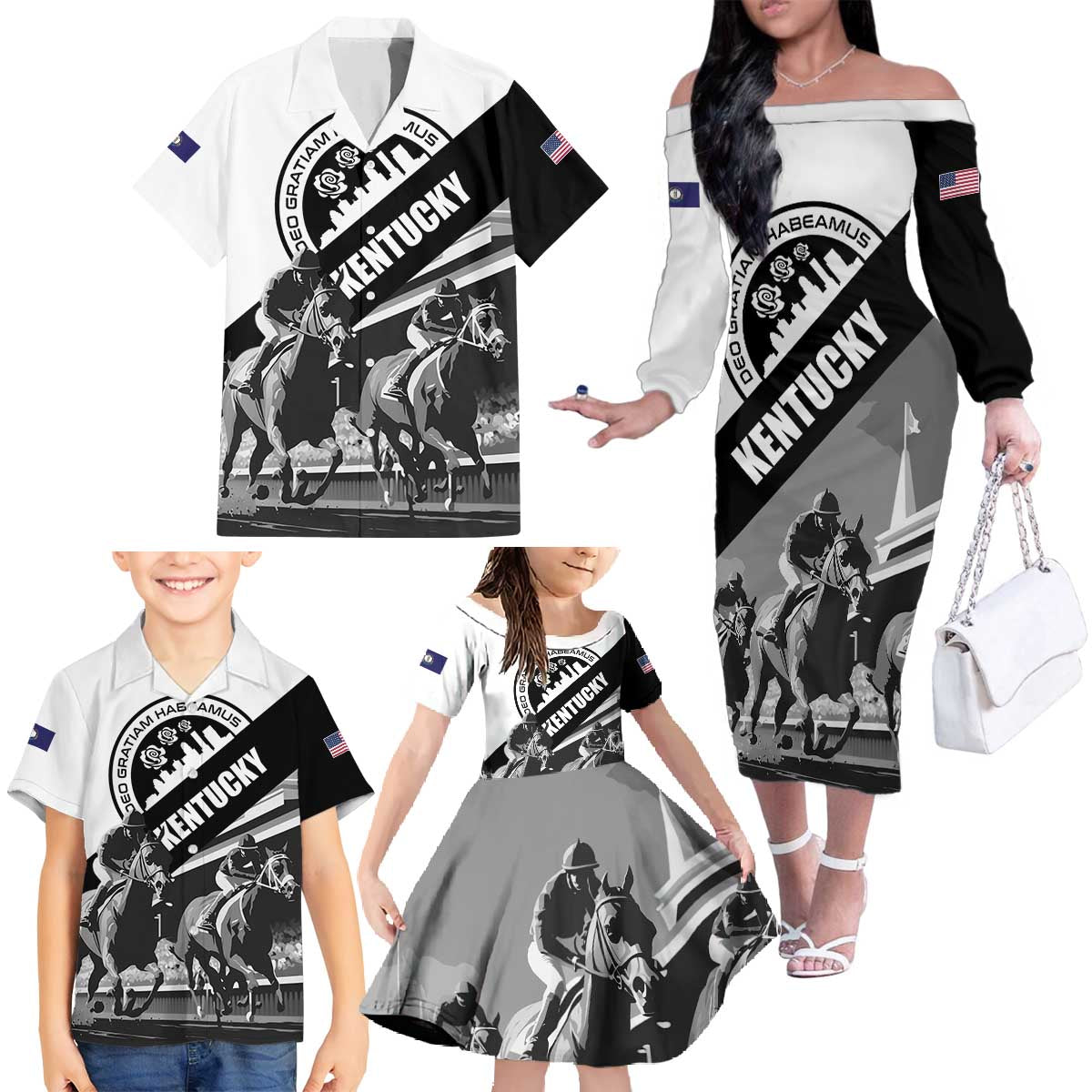 Personalized Kentucky Family Matching Off The Shoulder Long Sleeve Dress and Hawaiian Shirt Deo gratiam habeamus - Wonder Print Shop