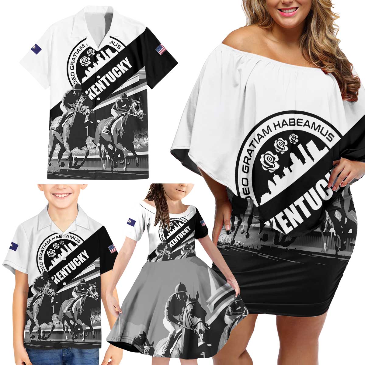 Personalized Kentucky Family Matching Off Shoulder Short Dress and Hawaiian Shirt Deo gratiam habeamus - Wonder Print Shop