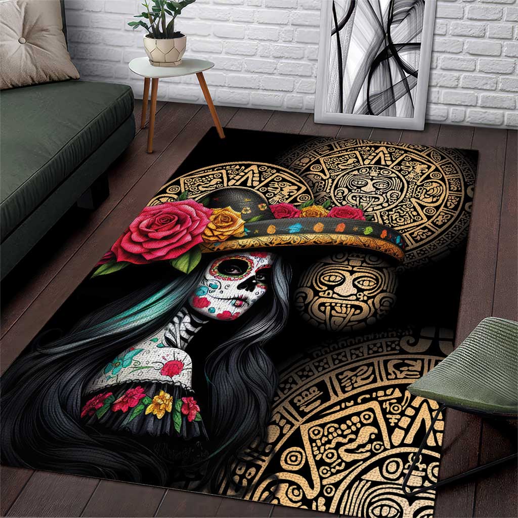 La Calavera Catrina Aztec Circle Area Rug Dia de Muertos - Wonder Print Shop