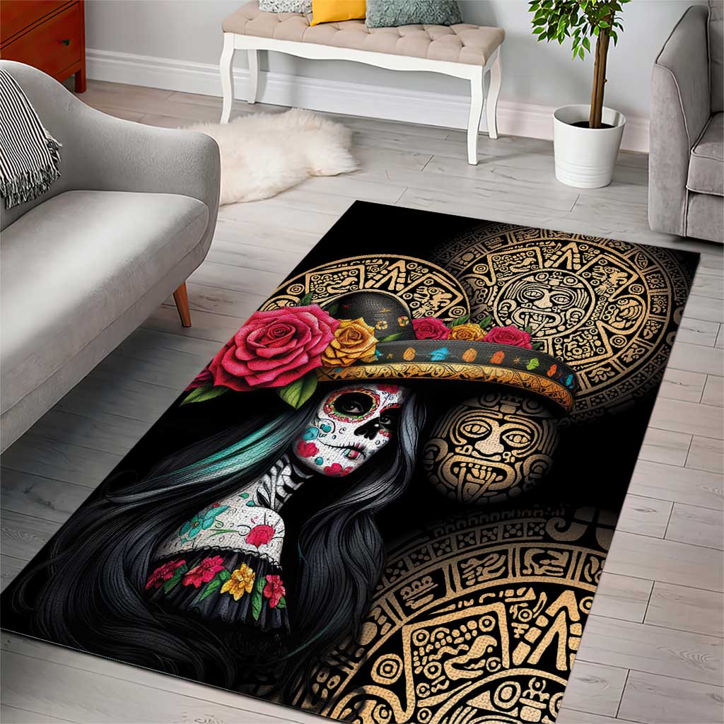 La Calavera Catrina Aztec Circle Area Rug Dia de Muertos - Wonder Print Shop