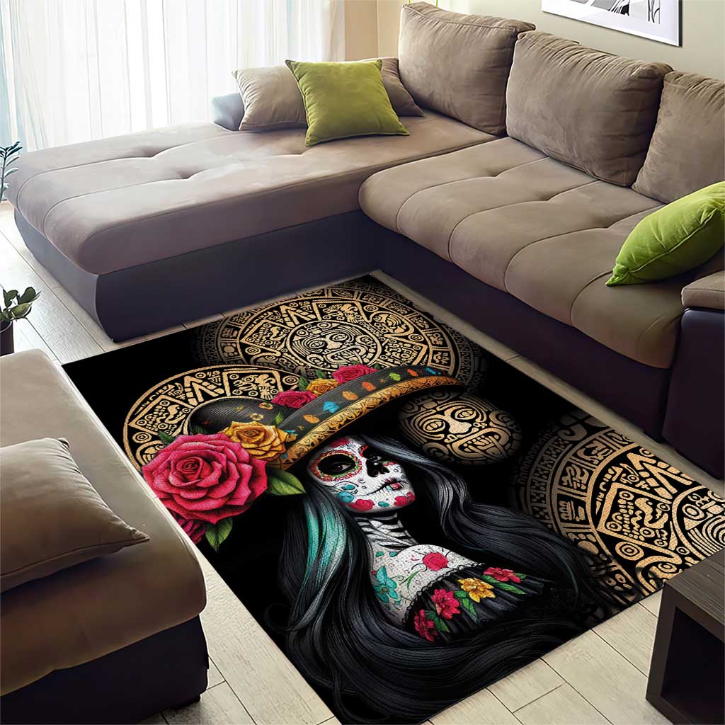 La Calavera Catrina Aztec Circle Area Rug Dia de Muertos - Wonder Print Shop