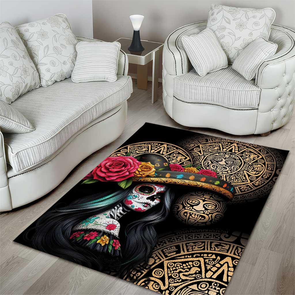 La Calavera Catrina Aztec Circle Area Rug Dia de Muertos - Wonder Print Shop