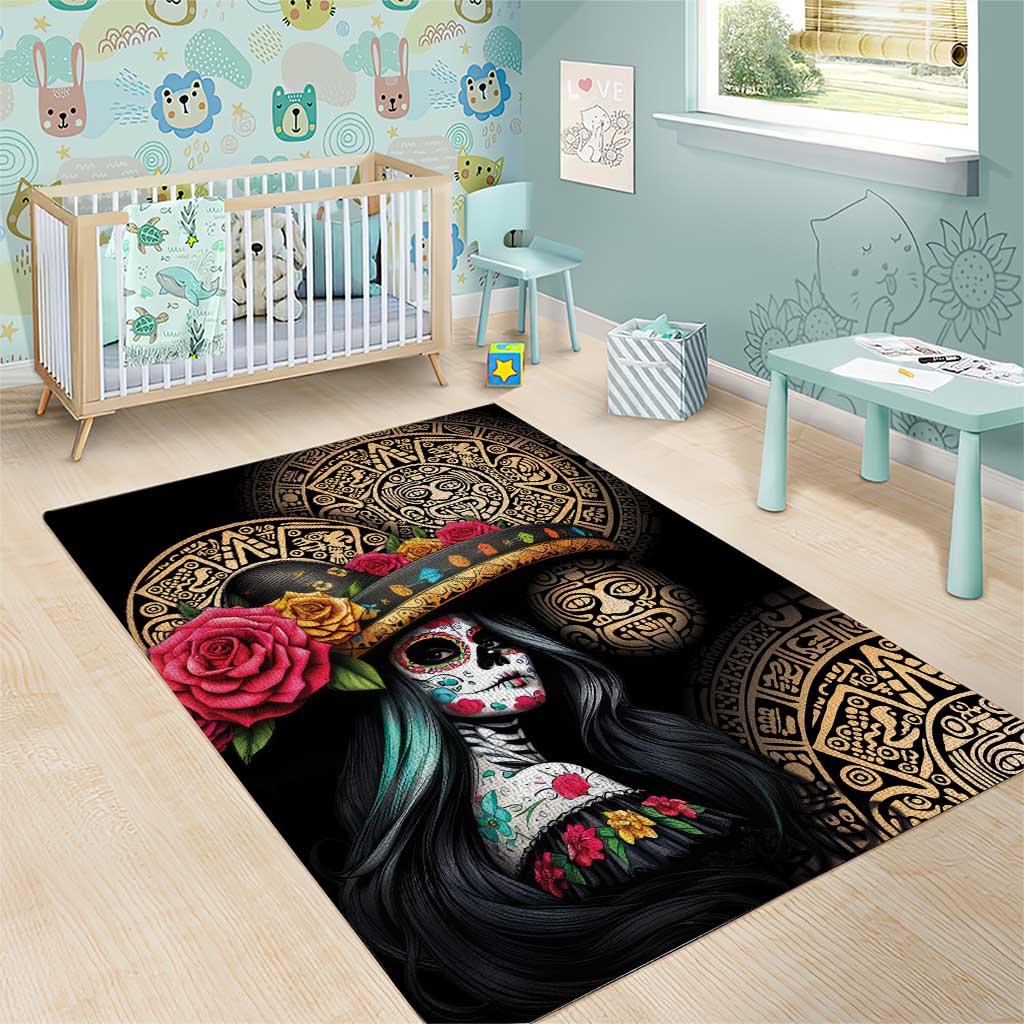 La Calavera Catrina Aztec Circle Area Rug Dia de Muertos - Wonder Print Shop