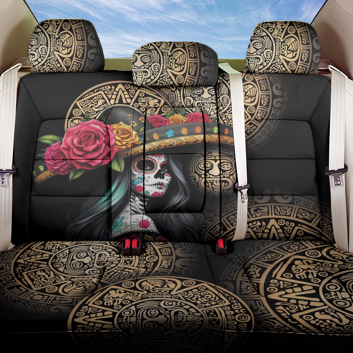 La Calavera Catrina Aztec Circle Back Car Seat Cover Dia de Muertos - Wonder Print Shop
