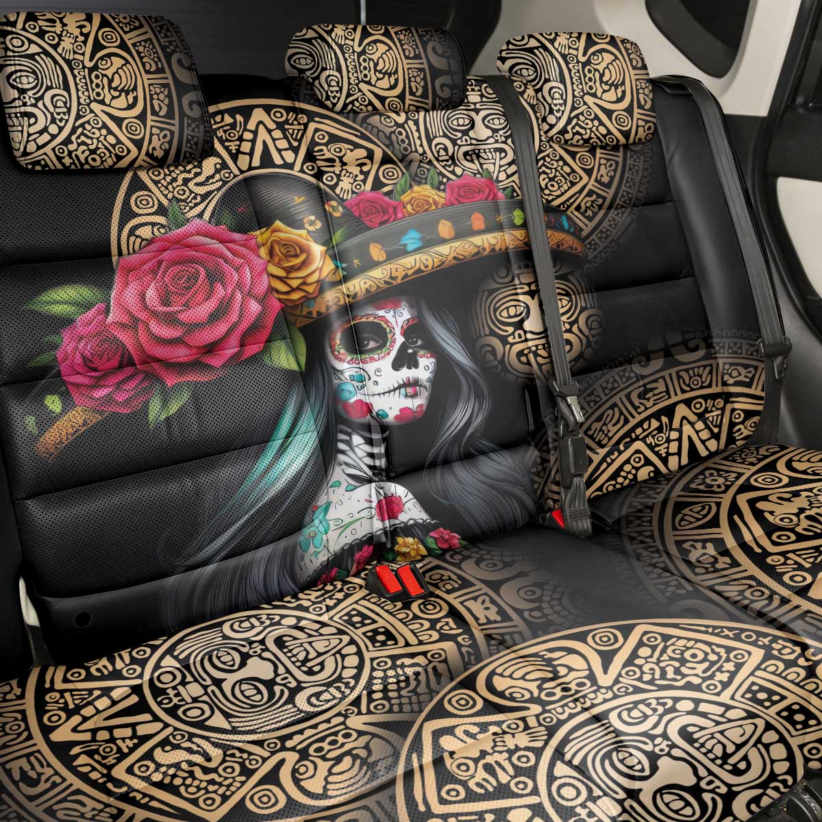 La Calavera Catrina Aztec Circle Back Car Seat Cover Dia de Muertos - Wonder Print Shop