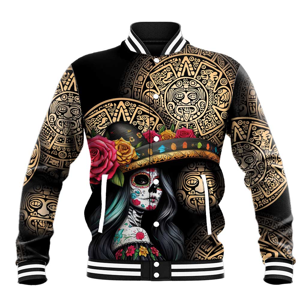 La Calavera Catrina Aztec Circle Baseball Jacket Dia de Muertos - Wonder Print Shop