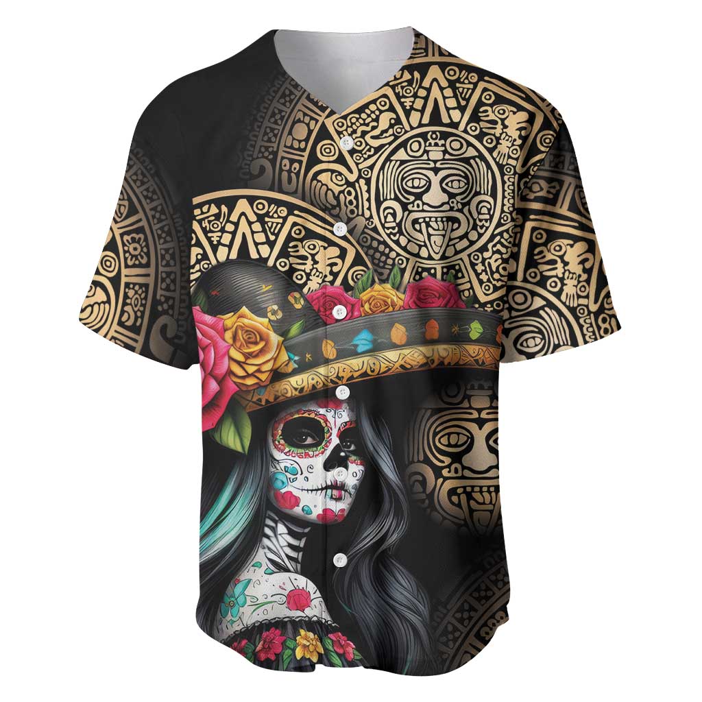 La Calavera Catrina Aztec Circle Baseball Jersey Dia de Muertos - Wonder Print Shop
