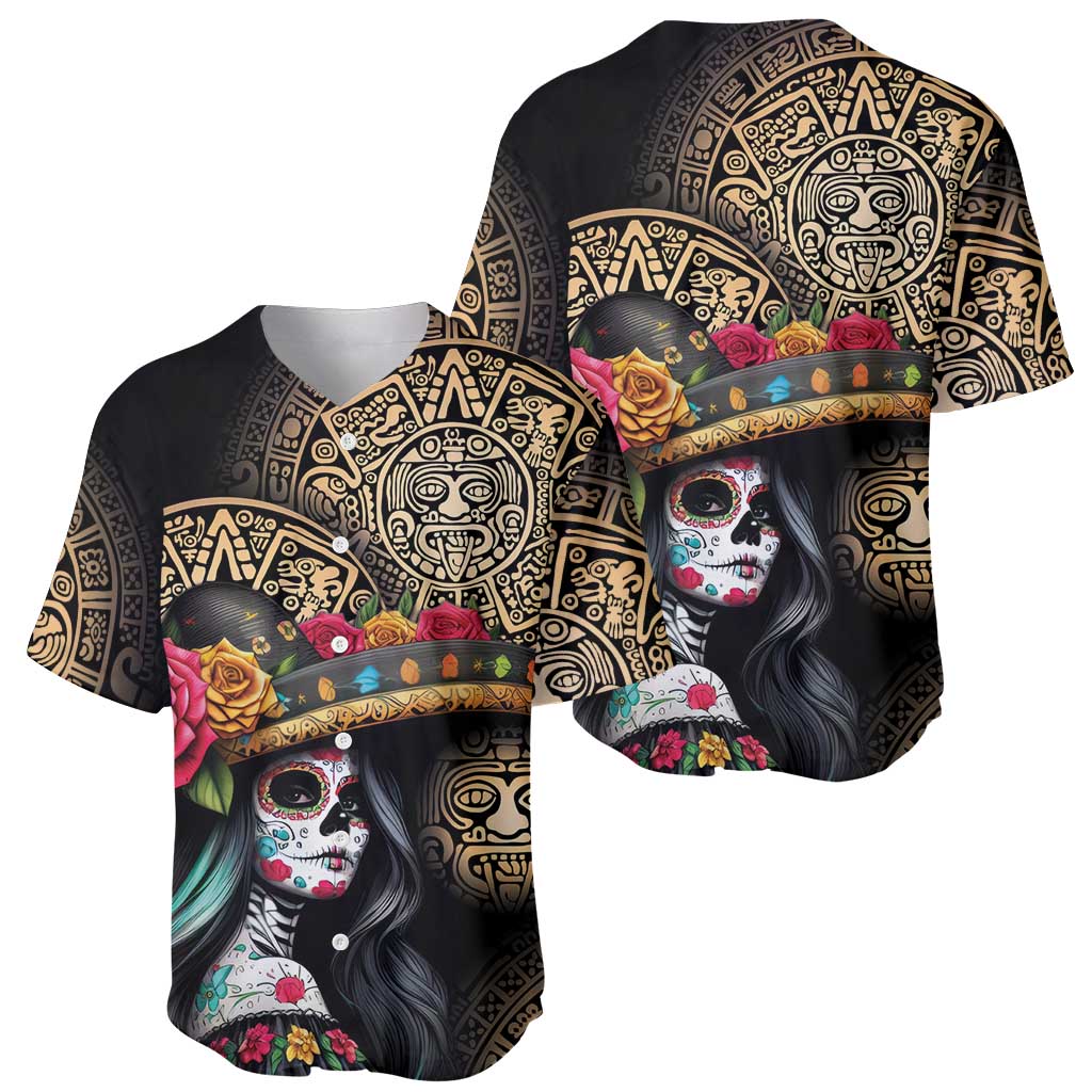La Calavera Catrina Aztec Circle Baseball Jersey Dia de Muertos - Wonder Print Shop