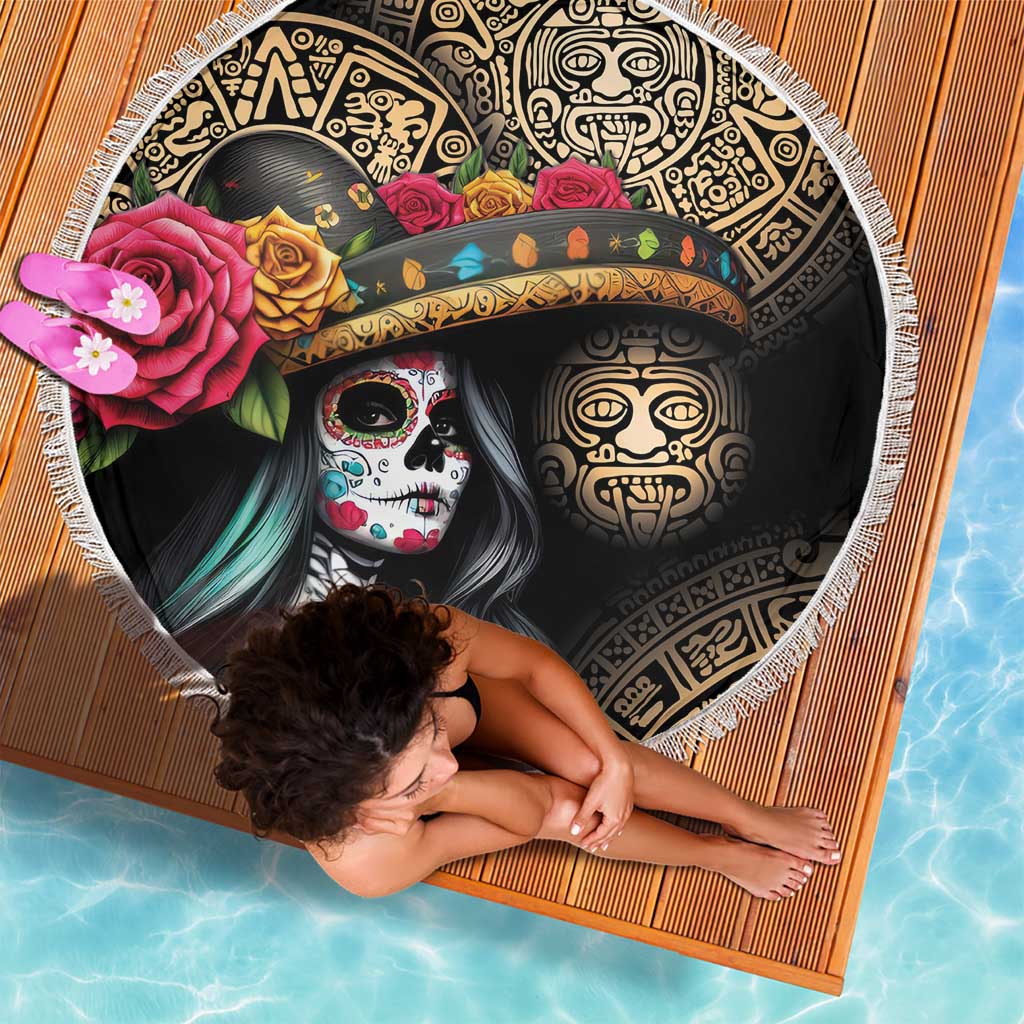 La Calavera Catrina Aztec Circle Beach Blanket Dia de Muertos - Wonder Print Shop