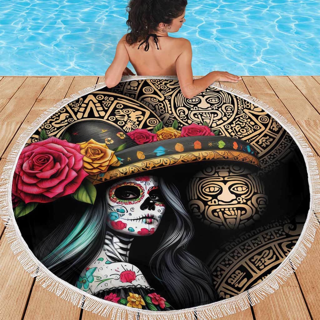 La Calavera Catrina Aztec Circle Beach Blanket Dia de Muertos - Wonder Print Shop