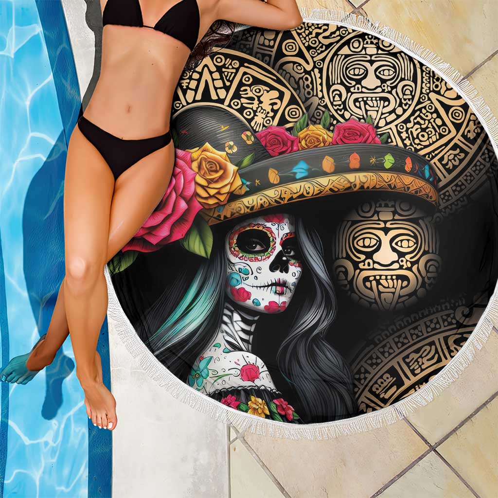 La Calavera Catrina Aztec Circle Beach Blanket Dia de Muertos - Wonder Print Shop