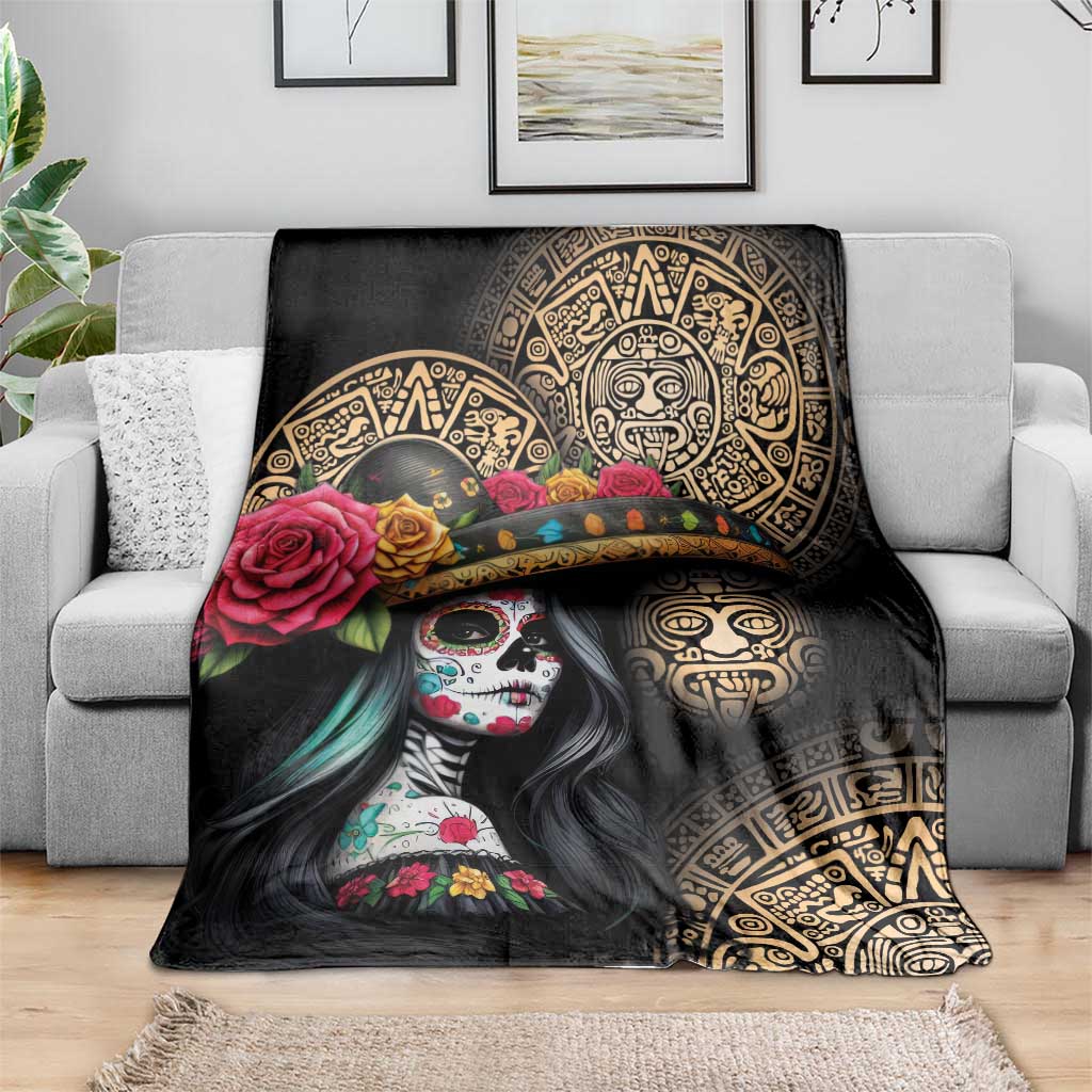 La Calavera Catrina Aztec Circle Blanket Dia de Muertos