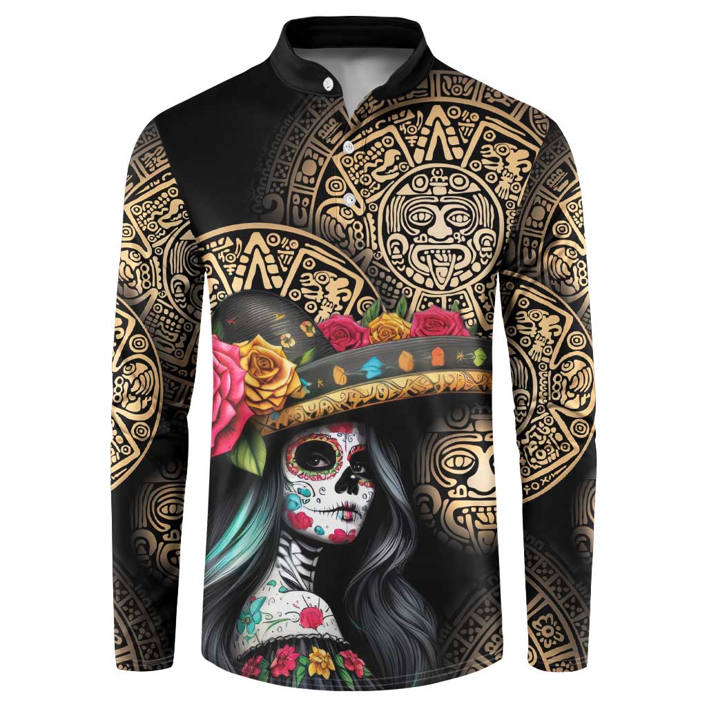 La Calavera Catrina Aztec Circle Button Sweatshirt Dia de Muertos - Wonder Print Shop