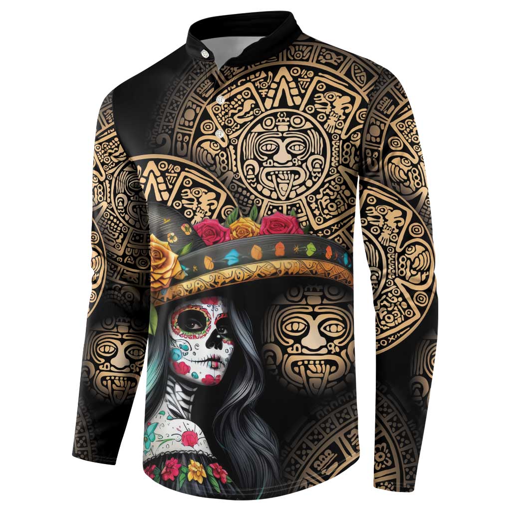 La Calavera Catrina Aztec Circle Button Sweatshirt Dia de Muertos - Wonder Print Shop
