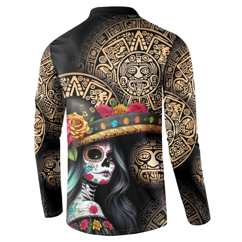 La Calavera Catrina Aztec Circle Button Sweatshirt Dia de Muertos - Wonder Print Shop