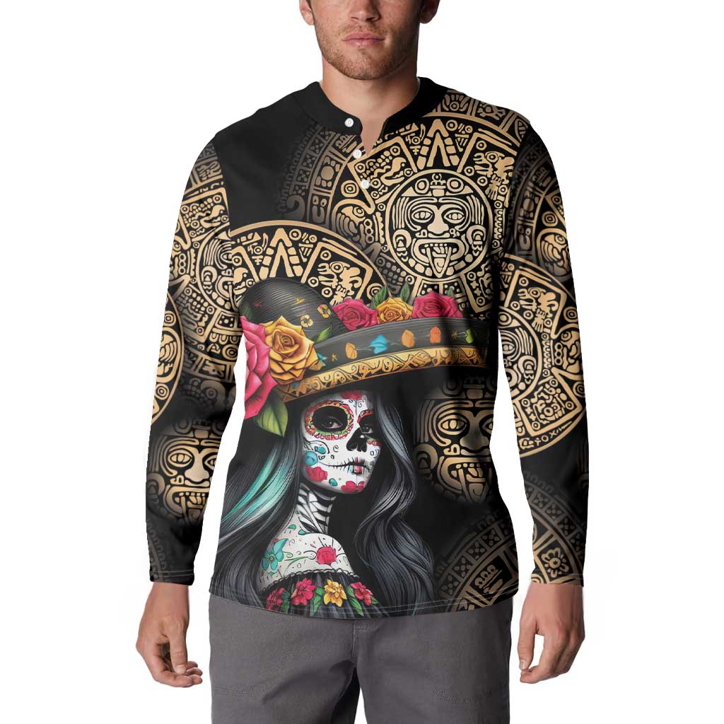 La Calavera Catrina Aztec Circle Button Sweatshirt Dia de Muertos - Wonder Print Shop
