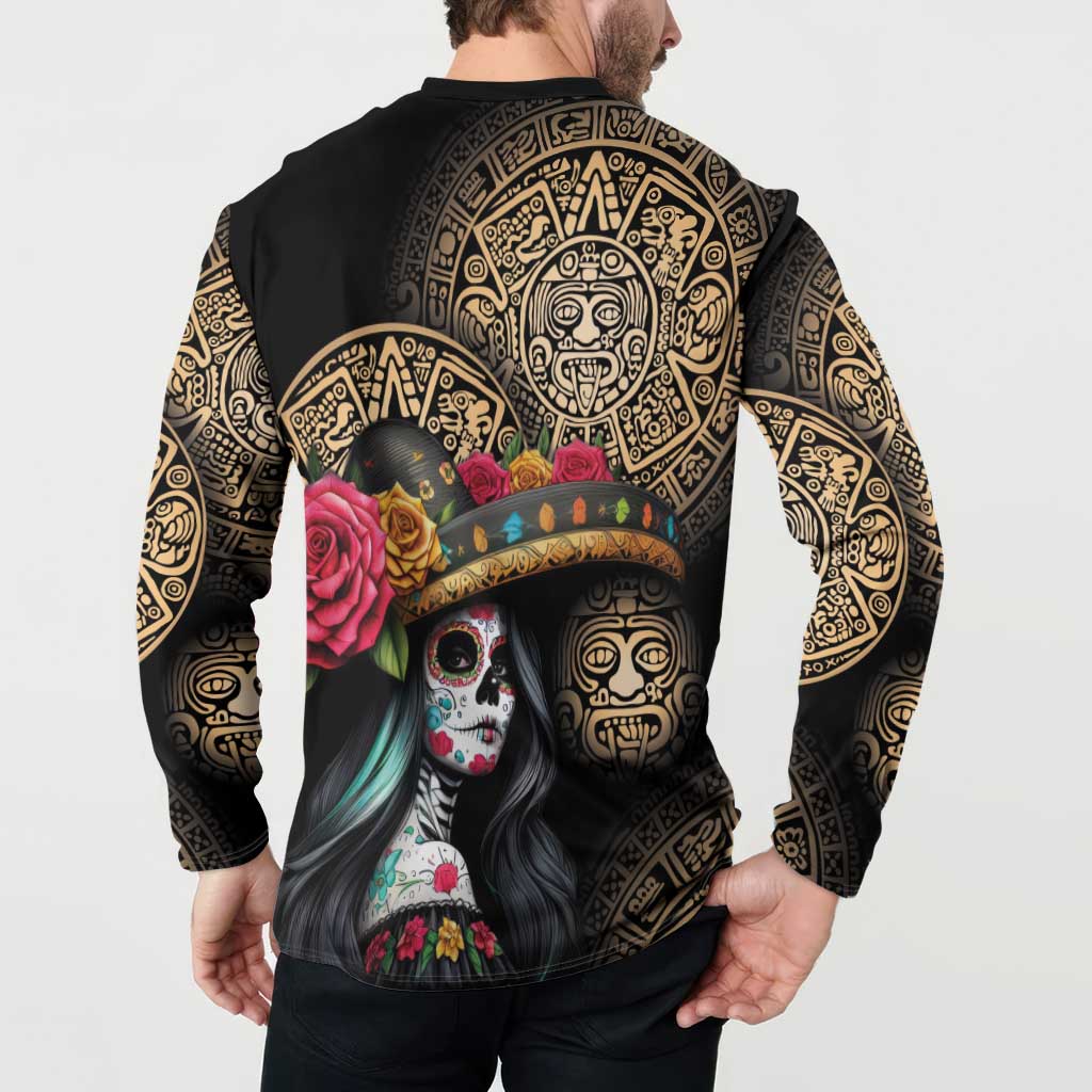 La Calavera Catrina Aztec Circle Button Sweatshirt Dia de Muertos - Wonder Print Shop