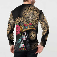 La Calavera Catrina Aztec Circle Button Sweatshirt Dia de Muertos - Wonder Print Shop