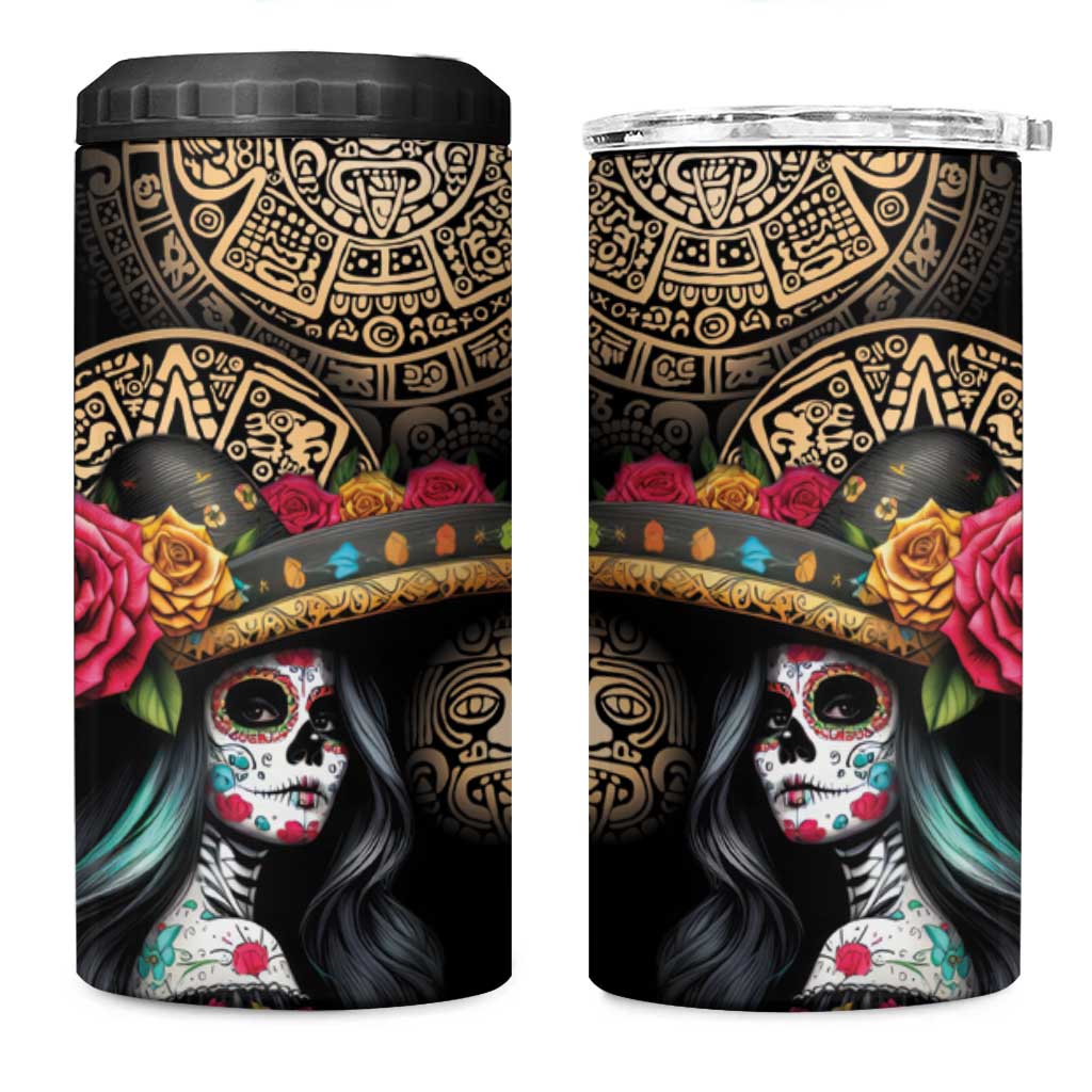 La Calavera Catrina Aztec Circle 4 in 1 Can Cooler Tumbler Dia de Muertos - Wonder Print Shop