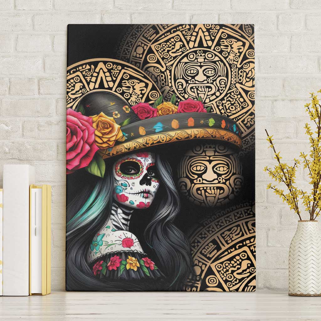 La Calavera Catrina Aztec Circle Canvas Wall Art Dia de Muertos - Wonder Print Shop