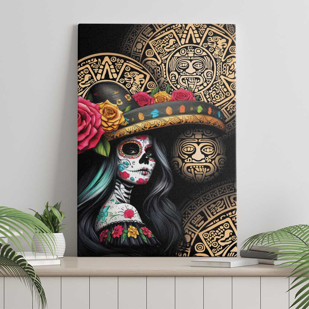 La Calavera Catrina Aztec Circle Canvas Wall Art Dia de Muertos - Wonder Print Shop