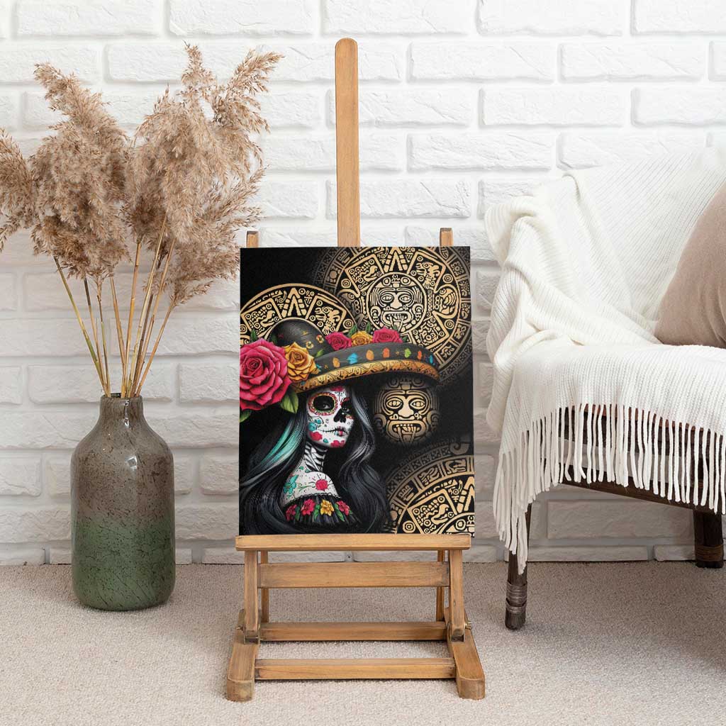 La Calavera Catrina Aztec Circle Canvas Wall Art Dia de Muertos - Wonder Print Shop