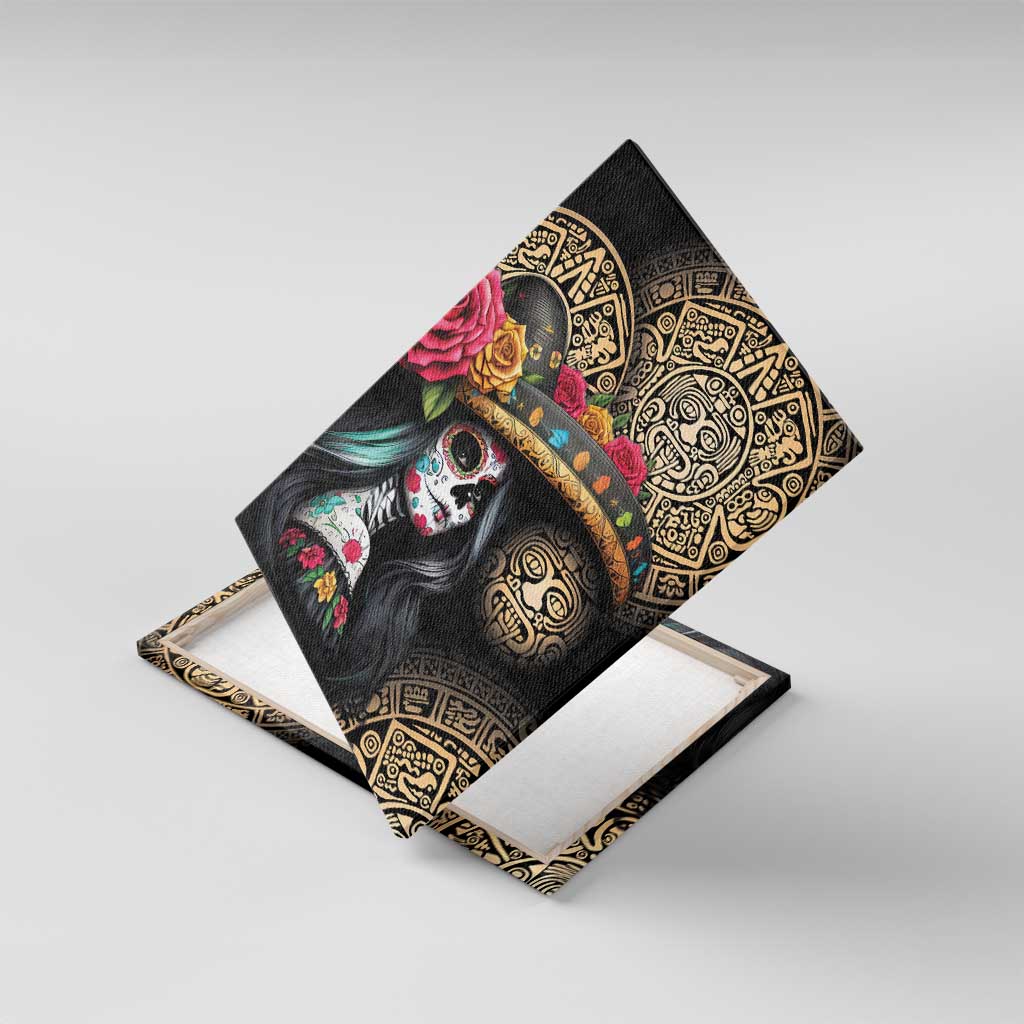 La Calavera Catrina Aztec Circle Canvas Wall Art Dia de Muertos - Wonder Print Shop