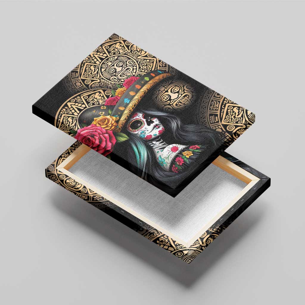 La Calavera Catrina Aztec Circle Canvas Wall Art Dia de Muertos - Wonder Print Shop