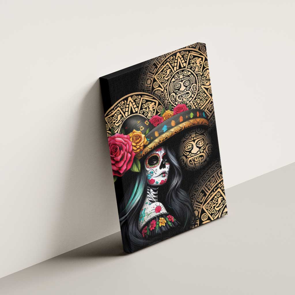 La Calavera Catrina Aztec Circle Canvas Wall Art Dia de Muertos - Wonder Print Shop