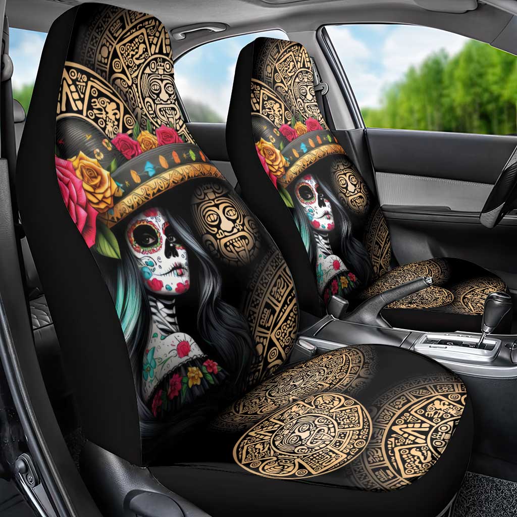 La Calavera Catrina Aztec Circle Car Seat Cover Dia de Muertos - Wonder Print Shop
